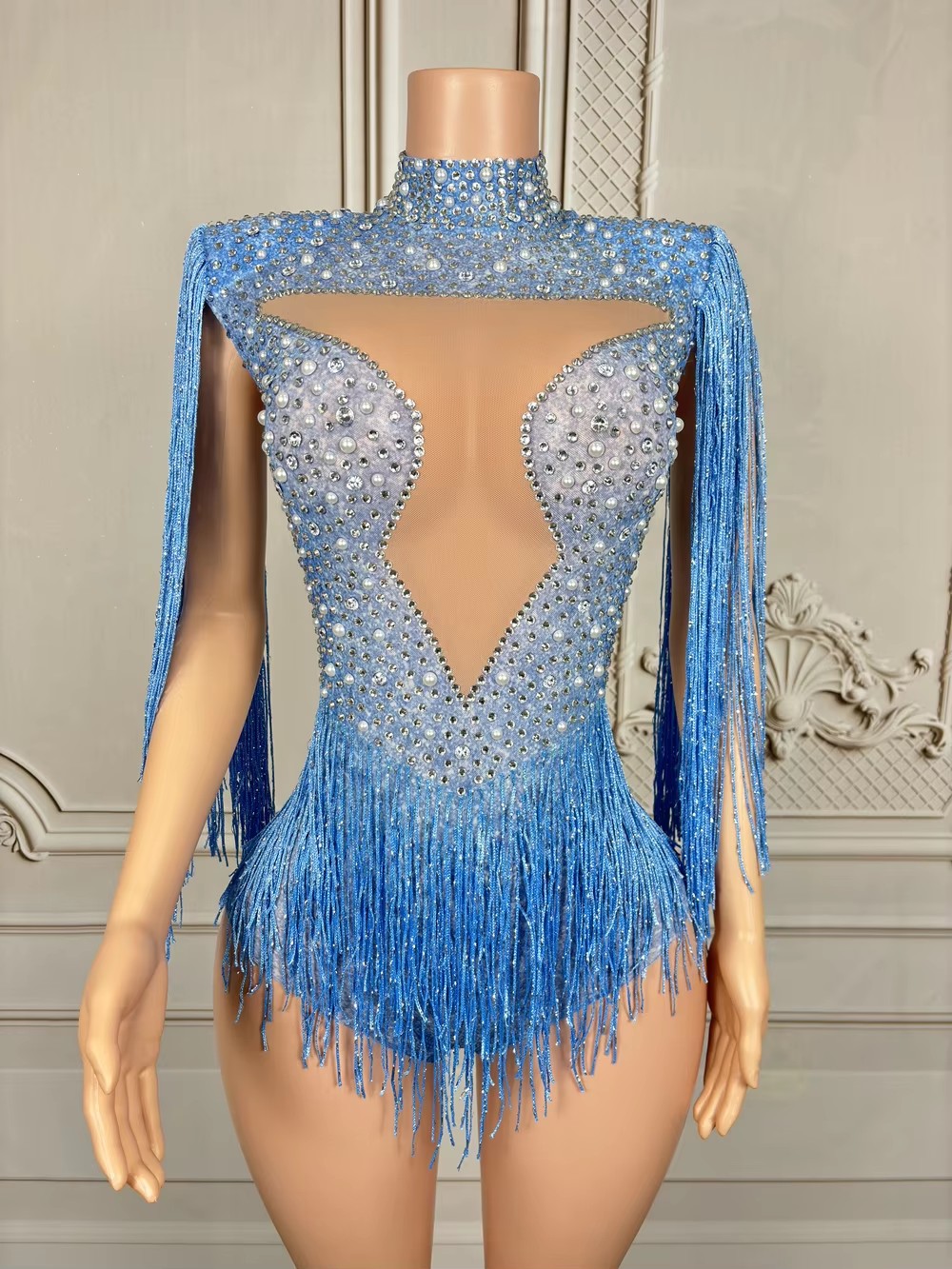 Blue Rhinestone Tassel Bodysui - Rhinestone Banding Trim recension och pris